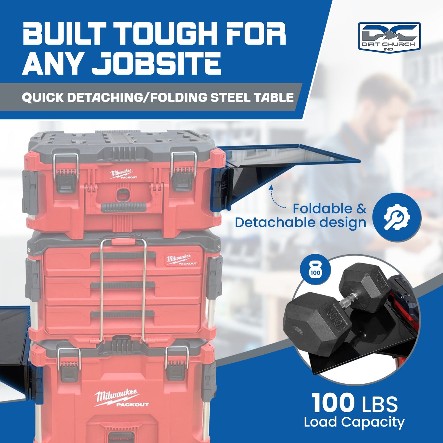 Milwaukee Packout, Quick Detaching/Folding Steel Table, Rail Caps Included, (Table Optional)