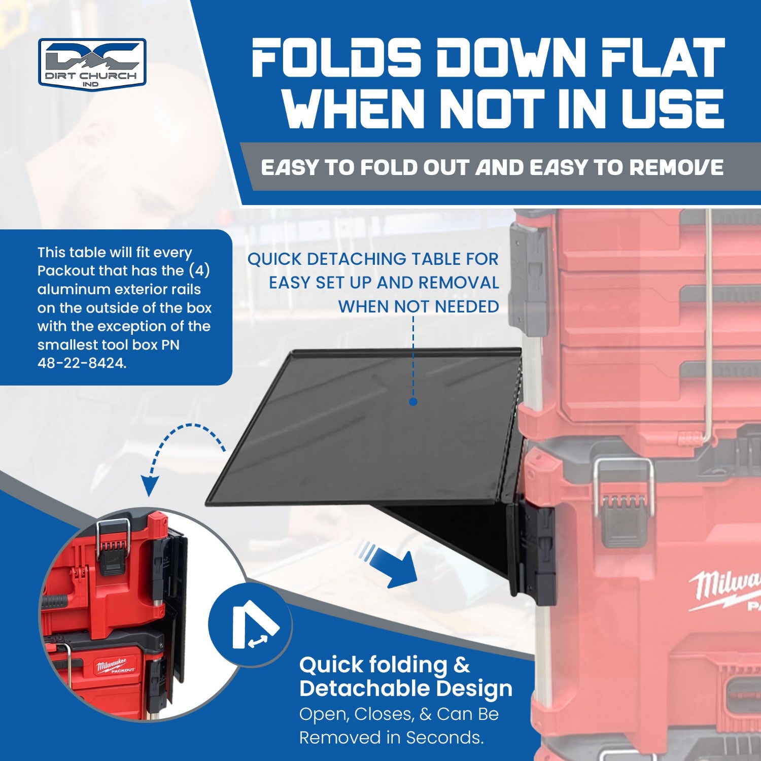 Milwaukee Packout, Quick Detaching/Folding Steel Table, Rail Caps Included, (Table Optional)