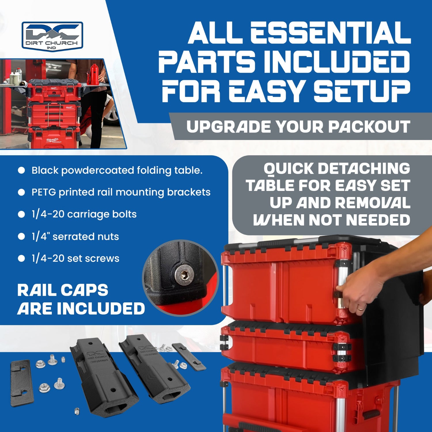 Milwaukee Packout, Quick Detaching/Folding Steel Table, Rail Caps Included, (Table Optional)